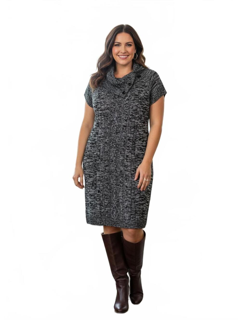 Calvin Klein Women's Black Knit Sweater Dress Buttoned Cowl